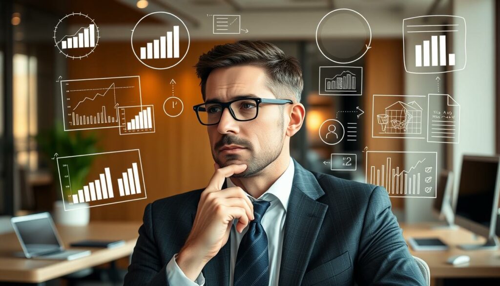 A sophisticated business executive in a contemporary office, deep in thought, surrounded by symbols of recruitment and human resources management - charts, graphs, and digital interfaces. Warm, natural lighting casts a thoughtful glow, while a sleek, minimalist aesthetic sets the tone. The scene conveys a sense of careful analysis and strategic planning, as the executive contemplates their company's unique recruitment context and challenges. A sophisticated business executive in a contemporary office, deep in thought, surrounded by symbols of recruitment and human resources management - charts, graphs, and digital interfaces. Warm, natural lighting casts a thoughtful glow, while a sleek, minimalist aesthetic sets the tone. The scene conveys a sense of careful analysis and strategic planning, as the executive contemplates their company's unique recruitment context and challenges.