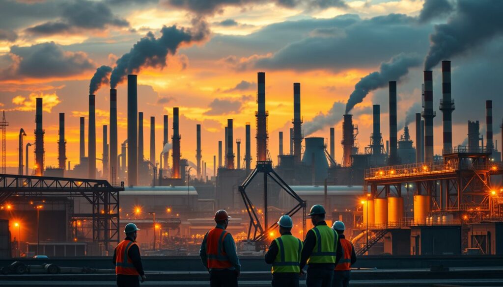 Cinq travailleurs, récemment embauchés grâce à un ATS, en tenue de sécurité se tiennent devant une grande usine industrielle avec de multiples cheminées émettant de la fumée au coucher du soleil.