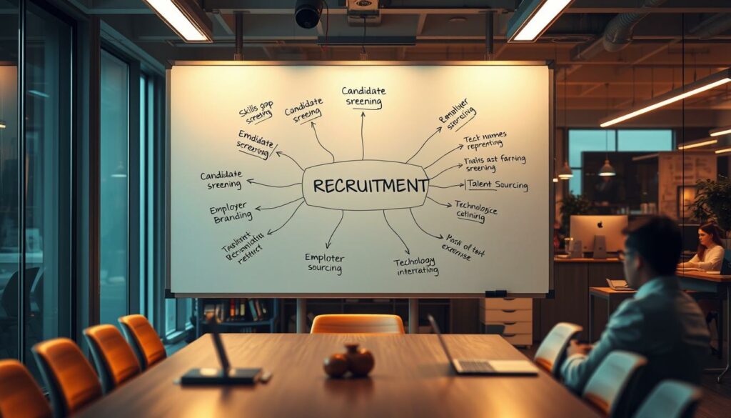 Dans une salle de conférence, un tableau blanc affiche un diagramme sur le recrutement, avec des termes comme ATS et ESN qui partent du centre, tandis qu'un recruteur est assis seul à la table.