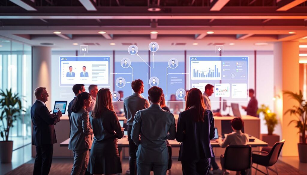 Un groupe de chargés de recrutement dans un bureau observe de grands écrans numériques affichant des tableaux, des graphiques et des diagrammes de réseau liés à l'analyse du commerce de détail et à l'ATS logiciel recrutement lors d'une présentation ou d'une réunion.