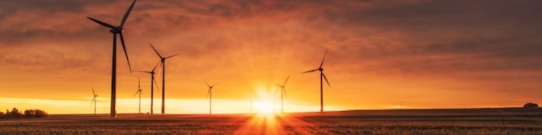 Des éoliennes sur un champ au coucher du soleil symbolisent la transition écologique, avec une lumière orangée qui se répand sur le paysage lorsque le soleil descend à l'horizon. Photo d'illustration pour expliquer l'usage d'un ATS dans le secteur de l'environnement pour centraliser les offres et candidatures
