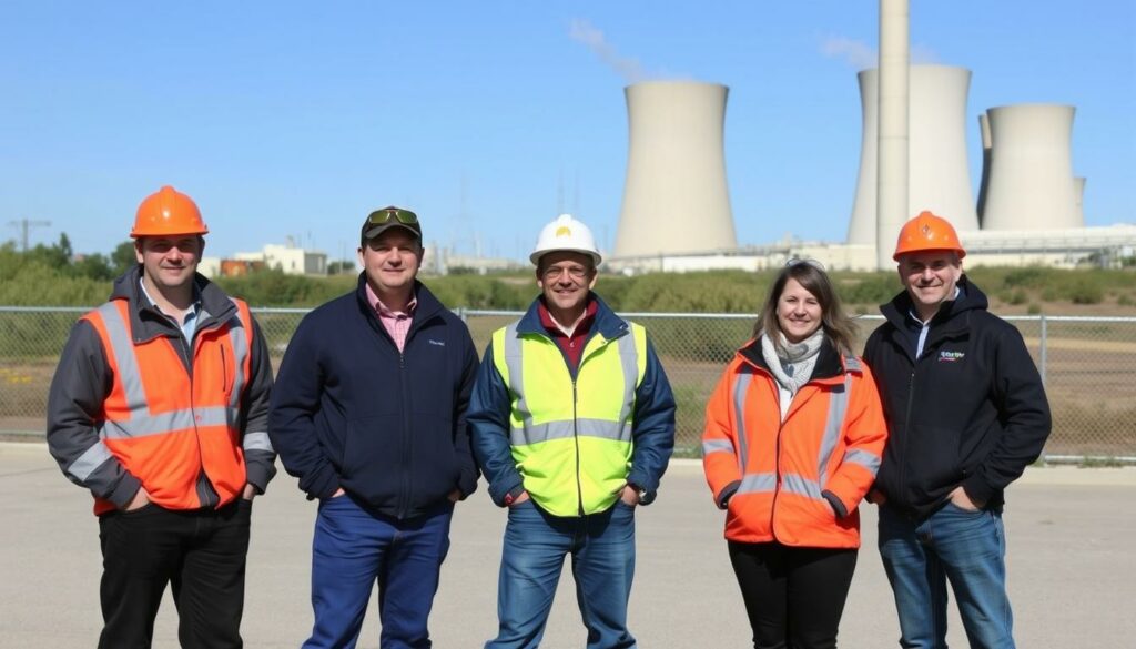 Cinq candidats portant des équipements de sécurité et des vêtements décontractés se tiennent à l'extérieur devant une zone clôturée où se trouvent des tours de refroidissement industrielles, incarnant le travail d'équipe souvent recherché dans le cadre d'un processus de recrutement avec un ATS.