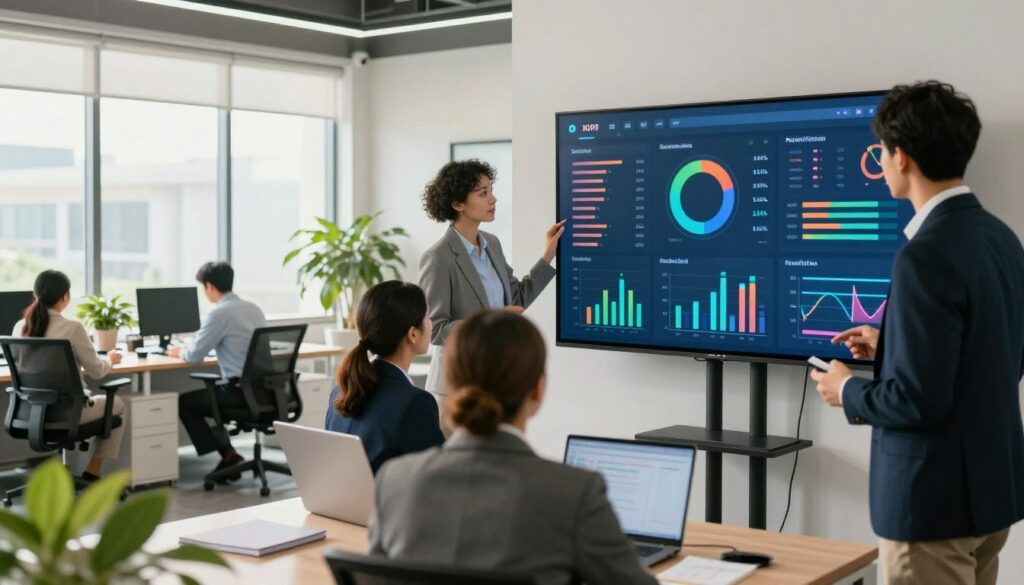 Un environnement de bureau moderne, doté d'un tableau de bord numérique élégant affichant des indicateurs clés de performance (KPI) et des métriques colorées liés au recrutement. Au premier plan, un groupe de professionnels en tenue de ville, aux profils variés, est réuni autour d'un grand écran, analysant les données de recrutement avec concentration et enthousiasme. Au second plan, un espace de travail bien organisé, avec un mobilier ergonomique et quelques plantes, apporte une touche de fraîcheur. À l'arrière-plan, de grandes fenêtres laissent entrer la lumière naturelle, créant une atmosphère lumineuse et accueillante. L'ambiance générale est à la collaboration et à l'innovation, soulignant l'importance des stratégies de recrutement basées sur les données. La composition devrait être prise en plongée, légèrement en contre-plongée, pour accentuer la profondeur, avec un éclairage chaleureux afin d'évoquer un sentiment de productivité et de motivation.