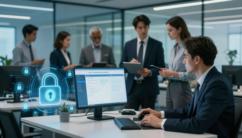 Un environnement de bureau moderne et professionnel, avec un bureau élégant sur lequel est installé un écran d'ordinateur affichant une interface de gestion des accès sécurisée centrée sur la « classification des données des candidats selon les règles RBAC ». Au premier plan, des cadenas numériques sophistiqués symbolisent la sécurité des données, se mêlant à des icônes lumineuses pour un contrôle d'accès précis. Au second plan, un groupe de personnes en tenue professionnelle collabore sur des stratégies de contrôle d'accès. À l'arrière-plan, des parois vitrées aux couleurs vives créent une ambiance futuriste. Un éclairage doux et diffus renforce cette atmosphère de sécurité et de professionnalisme, privilégiant la clarté et la précision. La prise de vue, légèrement en plongée, capture l'interaction dynamique entre les membres de l'équipe tout en soulignant l'importance d'une gestion sécurisée des données des candidats.