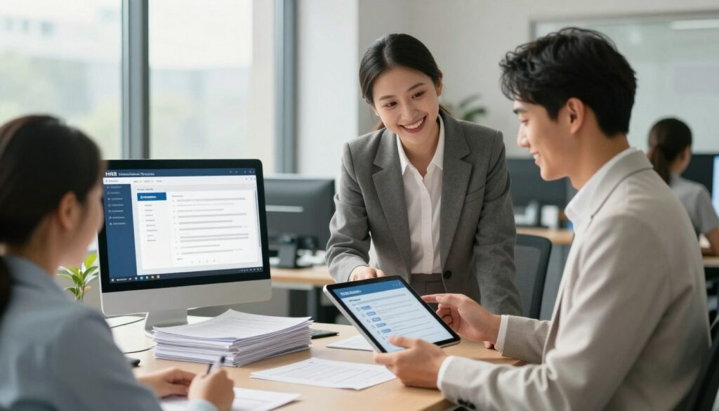 Un environnement de bureau moderne illustre le processus d'intégration des nouveaux employés. Au premier plan, une responsable RH et un chef d'équipe, tous deux en tenue professionnelle, sourient en consultant une tablette numérique affichant une liste de tâches d'intégration. Au second plan, des piles de documents soigneusement rangés et un écran d'ordinateur présentent une interface SIRH (SIRH) synchronisée, témoignant d'une gestion documentaire centralisée. À l'arrière-plan, de grandes fenêtres laissent entrer la lumière naturelle, projetant des ombres douces et créant une atmosphère chaleureuse et accueillante. L'ambiance générale est empreinte d'efficacité, de professionnalisme et d'optimisme, soulignant l'intégration réussie des nouvelles recrues au sein de l'entreprise.