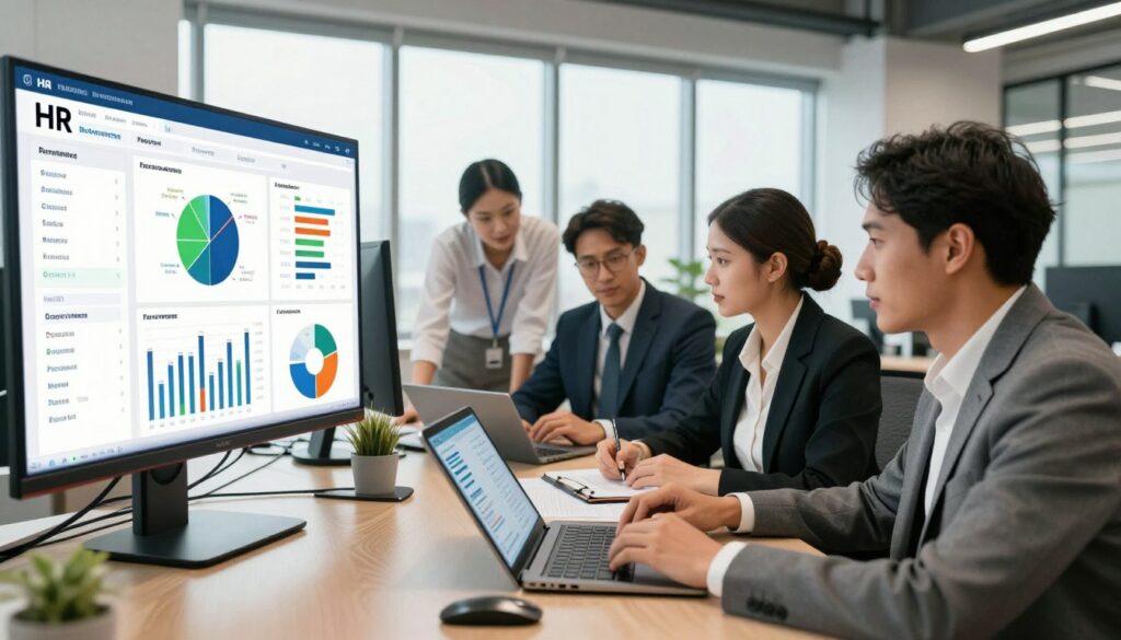 Un environnement de bureau moderne où une équipe de professionnels en tenue de ville travaille en collaboration. Au premier plan, un tableau de bord RH clair affiche des indicateurs de performance et des KPI colorés sur de grands écrans, représentant graphiquement les données de recrutement. Au centre, des personnes concentrées analysent les données sur des appareils numériques et des tablettes, absorbées par des discussions sur les stratégies d'embauche. À l'arrière-plan, un espace de travail inspirant, baigné de lumière naturelle grâce à de grandes fenêtres, favorise une atmosphère propice à la productivité. L'ambiance générale est à la réflexion stratégique et au travail d'équipe, dans un cadre lumineux et organisé qui reflète l'importance des indicateurs de performance dans le recrutement.