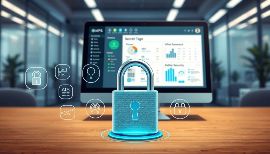 Une illustration détaillée dépeignant le concept d'authentification renforcée, notamment l'authentification multifacteur (MFA) et l'authentification unique (SSO), dans un environnement professionnel. Au premier plan, un cadenas numérique, symbole d'accès sécurisé, est mis en évidence, entouré d'icônes sophistiquées représentant diverses méthodes d'authentification telles que la reconnaissance d'empreintes digitales et la reconnaissance faciale. Au second plan, un écran d'ordinateur moderne affiche un tableau de bord d'administration avec des graphiques et des contrôles d'accès, illustrant la gestion de la sécurité du système de suivi des candidatures (ATS). L'arrière-plan représente un bureau élégant à l'éclairage tamisé, créant une atmosphère concentrée et technologique. L'utilisation d'une faible profondeur de champ confère un aspect professionnel, mettant en valeur les éléments numériques tout en floutant légèrement l'environnement de bureau. L'impression générale est celle d'une sécurité et d'une efficacité optimales, soulignant l'importance de la protection des données des candidats grâce aux technologies de pointe.