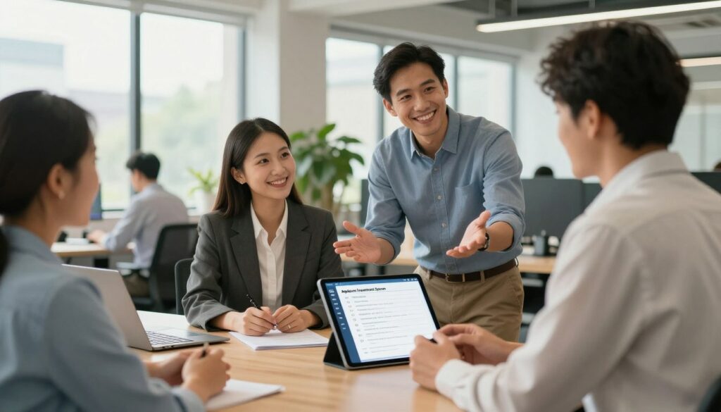 Une scène de bureau moderne illustrant le processus d'intégration de nouveaux employés. Au premier plan, un groupe de professionnels aux profils variés, dont un représentant des ressources humaines et un manager souriant, accueillent un nouvel arrivant, vêtu d'une tenue décontractée chic. Autour d'eux, des listes de contrôle numériques s'affichent sur une tablette, mettant en évidence les fonctionnalités d'intégration d'un ATS. Au second plan, un espace de bureaux lumineux et aéré, baigné de lumière naturelle grâce à de grandes fenêtres, crée une atmosphère positive. À l'arrière-plan, on aperçoit discrètement des collègues à leurs bureaux, suggérant un environnement de travail collaboratif. Un éclairage doux et chaleureux renforce cette ambiance accueillante, capturée selon un angle légèrement oblique qui donne de la profondeur à la scène.