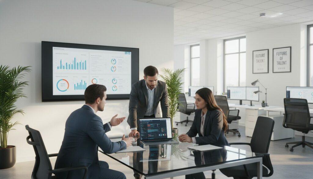 Trois professionnels discutent de données affichées sur un ordinateur portable dans un bureau moderne, analysant des tableaux et des graphiques qui mettent en évidence l'impact de l'intelligence artificielle sur le recrutement et de la loi européenne sur l'intelligence artificielle sur la stratégie de l'entreprise.
