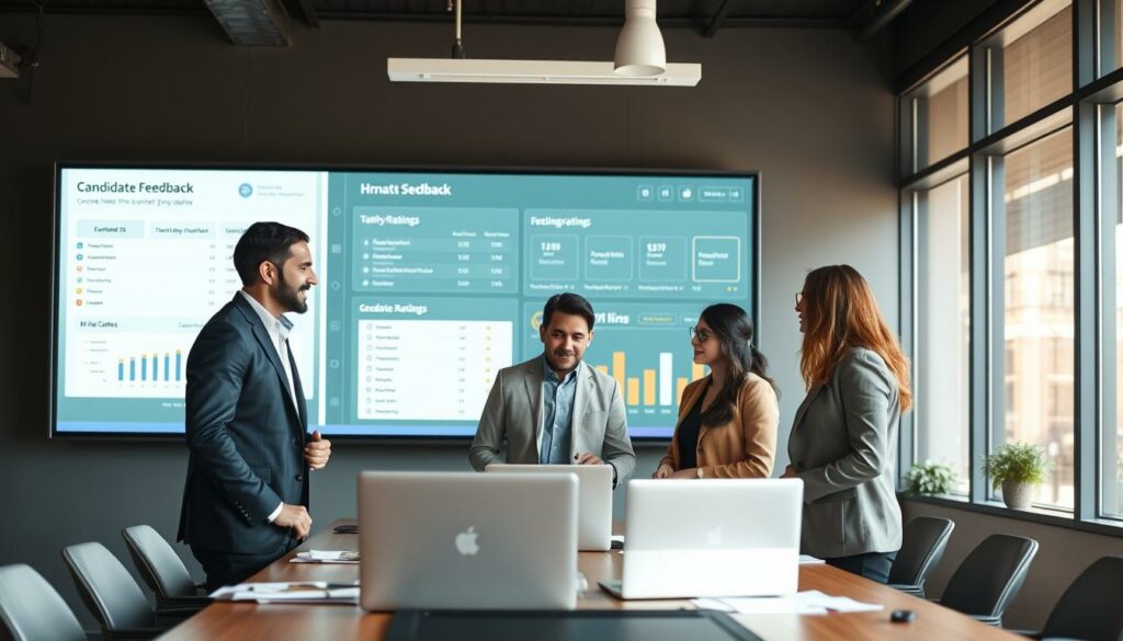 A professional office environment featuring an HR dashboard on a large screen, displaying candidate feedback and ratings. In the foreground, a diverse group of three professionals, two men and one woman, is engaged in a discussion about the feedback data. They are dressed in smart business attire, conveying a sense of collaboration and strategic thinking. The middle layer includes a conference table with laptops and documents scattered around, hinting at ongoing analysis. In the background, large windows let in warm natural light, creating an inviting atmosphere. The mood is focused and productive, emphasizing the importance of transforming candidate feedback into a strategic asset for employer branding. Use a high-resolution format with soft focus on the background to draw attention to the foreground discussion.