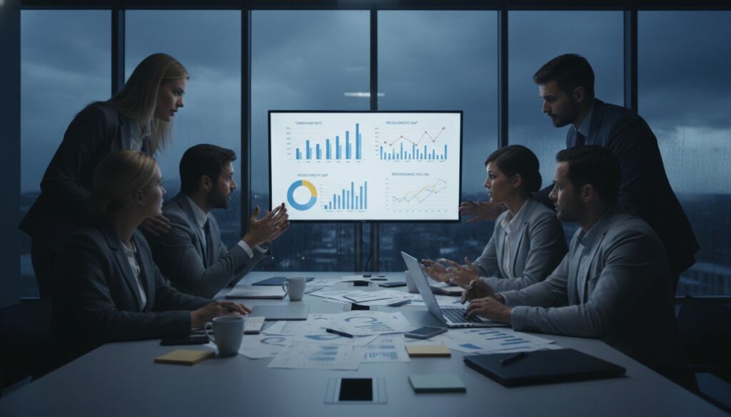 Six professionnels en tenue de ville discutent de tableaux et de graphiques sur un écran lors d'une réunion sur la mise en place d'un SIRH dans un bureau moderne avec de grandes fenêtres.