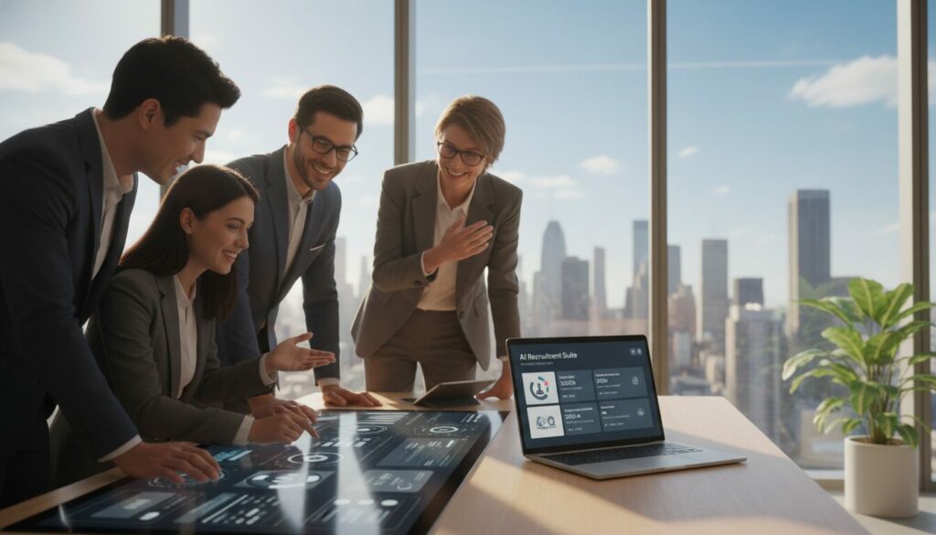 Quatre personnes habillées professionnellement discutent de données sur de grandes tablettes numériques dans un bureau moderne, utilisant l'intelligence artificielle pour améliorer les stratégies de recrutement, en veillant à la conformité avec le RGPD.