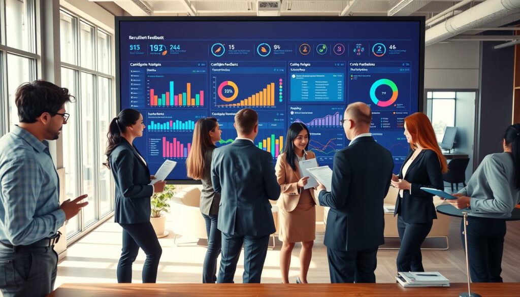 A professional office setting showcasing the recruitment feedback process. In the foreground, a diverse group of candidates, dressed in business attire, are engaged in discussions while reviewing feedback forms and HR dashboards. The middle layer features a large digital screen displaying various graphs and metrics related to candidate evaluations, with vibrant colors indicating positive and constructive feedback. The background shows an open office space with modern furnishings, soft natural lighting coming through large windows, creating a warm and inviting atmosphere. The scene conveys collaboration, engagement, and a focus on improving the recruitment journey through centralized feedback. The overall mood is professional and optimistic, reflecting the importance of feedback in enhancing employer branding.