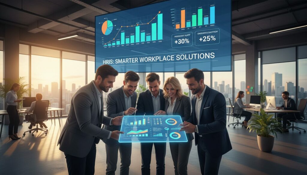 Cinq professionnels analysent des données sur un écran numérique dans un bureau moderne, avec de grands tableaux d'analyse du lieu de travail relatifs à la mise en place d'un SIRH et d'un STA affichés sur le mur derrière eux.