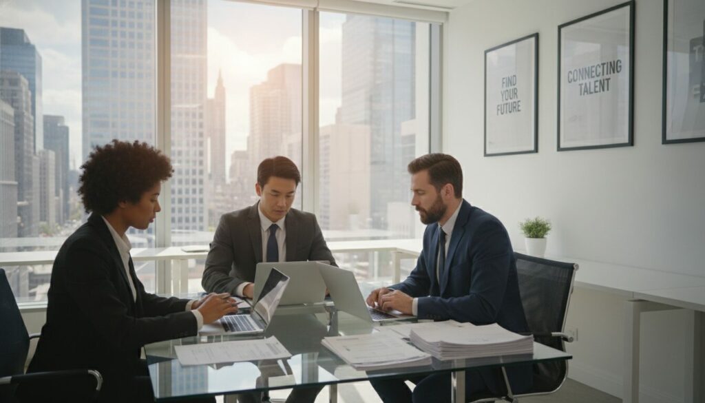 Trois professionnels sont assis à une table de conférence et travaillent sur des ordinateurs portables et des documents dans un bureau moderne avec de grandes fenêtres et une vue sur la ville. Ils discutent des moyens de recruter gratuitement et de trouver un candidat idéal pour leur entreprise.