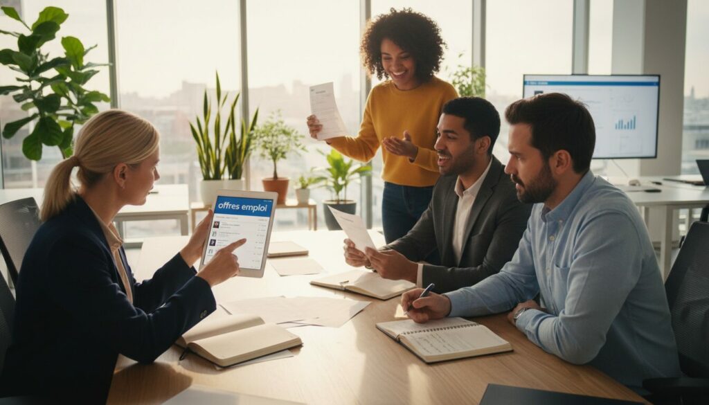 Quatre personnes sont assises autour d'une table de bureau et discutent d'offres d'emploi et de la manière de recruter gratuitement, avec en arrière-plan des documents, des carnets de notes et un ordinateur affichant des graphiques.