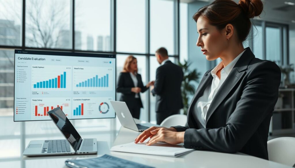 Un environnement de bureau moderne illustre le processus de recrutement. Au premier plan, une femme d'affaires, en tailleur, consulte un tableau de bord numérique regorgeant d'analyses et de retours d'information sur les méthodes de sourcing de candidats. À sa gauche, une cloison vitrée laisse entrevoir deux collègues discutant de l'évaluation d'un candidat. Au second plan, une table élégante présente des ordinateurs portables et des documents détaillant les stratégies de sourcing actuelles. À l'arrière-plan, de grandes fenêtres laissent entrer la lumière naturelle, créant une atmosphère lumineuse et propice à la productivité. L'ambiance générale, empreinte d'urgence et d'innovation, souligne l'importance d'affiner les méthodes de recrutement afin d'en identifier les limites. La scène, bien éclairée, privilégie la clarté et le professionnalisme.