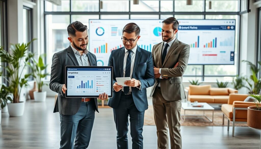 Un environnement de bureau moderne mettant en valeur l'interface d'un logiciel de recrutement. Au premier plan, trois professionnels aux profils variés – deux hommes et une femme – en tenue de travail, discutent en consultant une tablette numérique affichant des analyses et des tableaux de bord relatifs aux indicateurs de recrutement. Au second plan, un grand écran mural présente des graphiques illustrant les retours des candidats et leurs évaluations de performance, soulignant l'efficacité du processus d'embauche. À l'arrière-plan, un espace de travail lumineux et aéré, baigné de lumière naturelle grâce à de grandes fenêtres, est agrémenté de mobilier contemporain et de quelques touches de verdure pour une atmosphère apaisante. L'ambiance est collaborative et propice à l'innovation, reflétant l'importance des logiciels de recrutement modernes sur le marché du travail actuel. Utilisez un objectif grand angle pour capturer l'ensemble de la scène et mettre en lumière les interactions au sein de l'équipe.