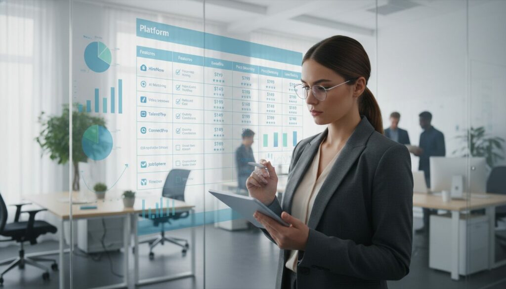 Une scène de bureau moderne illustre un tableau comparatif de plateformes de recrutement, avec un écran numérique élégant présentant leurs caractéristiques, avantages et tarifs. Au premier plan, une femme d'affaires en tailleur examine le tableau sur une tablette, le regard concentré et analytique. Au second plan, un grand écran affiche des graphiques et des indicateurs colorés représentant différentes plateformes de recrutement, tels que les avis des utilisateurs et les comparaisons de services. En arrière-plan, un bureau élégant, baigné de lumière naturelle grâce à de grandes fenêtres, offre une atmosphère lumineuse et propice à la productivité. L'ensemble dégage une impression de professionnalisme et de clarté, visant à aider les utilisateurs à prendre des décisions éclairées. Un éclairage doux et diffus contribue à créer un espace de travail accueillant.