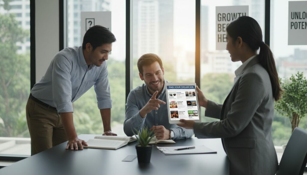 Une scène de travail dynamique et stimulante met en scène un groupe de professionnels aux profils variés, réunis autour d'une table de conférence moderne pour discuter d'offres d'emploi. Au premier plan, une femme en tailleur élégant présente un ordinateur portable affichant diverses offres. Au second plan, deux hommes – l'un tenant un bloc-notes et l'autre pointant l'écran – participent activement à la conversation, illustrant ainsi le travail d'équipe et la collaboration. À l'arrière-plan, de grandes fenêtres laissent entrer la lumière naturelle, créant une atmosphère dynamique avec la verdure visible à l'extérieur. La pièce est décorée d'affiches motivantes sur l'évolution de carrière. L'ambiance générale est empreinte de détermination et d'optimisme, soulignant l'importance de trouver le poste idéal en fonction des besoins de chacun.