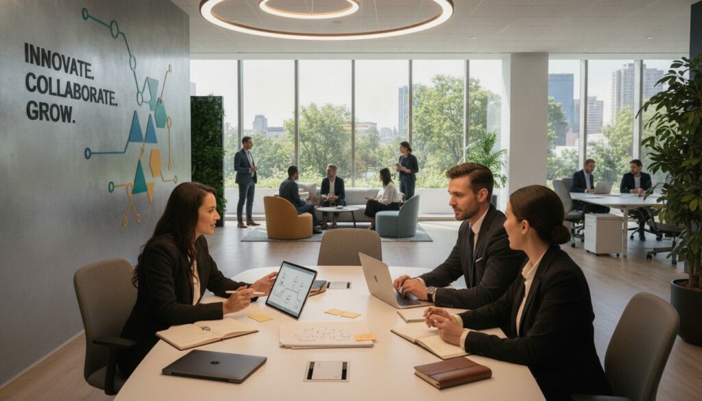Des professionnels sont assis à des tables dans un bureau moderne, travaillant sur leurs ordinateurs portables et discutant de marketing, de ressources humaines et d'image de marque de l'employeur. Sur un mur, on peut lire les mots « Innover. Collaborer. Évoluer. ». De grandes baies vitrées offrent une vue sur la ville.