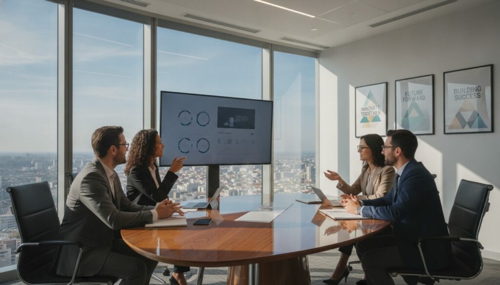 Quatre personnes en tenue professionnelle sont assises autour d'une table de réunion et consultent des graphiques affichés sur un écran, qui présentent des stratégies de marketing RH et de marque employeur, dans un bureau situé dans un gratte-ciel doté de grandes baies vitrées et de posters encadrés accrochés aux murs.