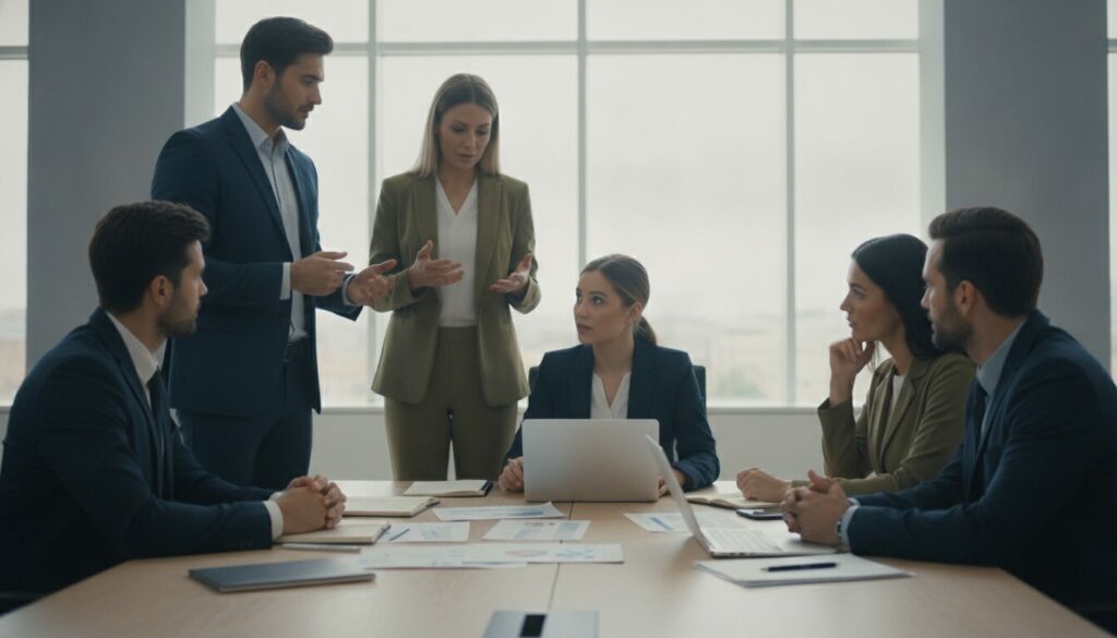 Six personnes en tenue professionnelle sont réunies autour d'une table de réunion, sur laquelle se trouvent des documents et un ordinateur portable, dans un bureau moderne doté de grandes baies vitrées. Elles réfléchissent ensemble à la manière de rédiger une annonce inclusive pour leur prochaine campagne de recrutement.