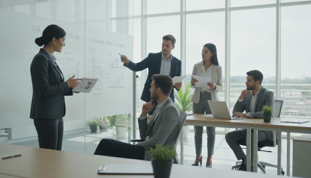 Cinq professionnels en tenue de bureau discutent de graphiques et de données, notamment des derniers chiffres relatifs au coût par embauche, dans un bureau moderne doté de grandes baies vitrées, d'un tableau blanc et d'ordinateurs portables.