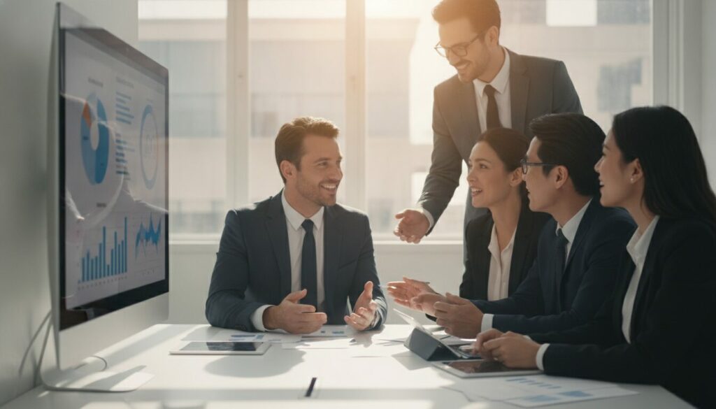 Cinq professionnels sont assis ou debout autour d'une table de réunion ; dans un bureau baigné de lumière, ils discutent des données affichées sur un grand écran, accompagnées de tableaux et de graphiques, tout en collaborant pour mettre en place une culture d'entreprise axée sur l'innovation et la croissance.