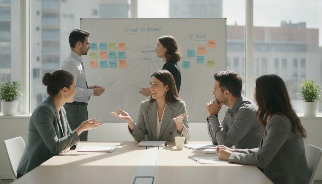 Cinq personnes en tenue professionnelle sont réunies dans un bureau baigné de lumière. Deux d'entre elles se tiennent debout devant un tableau blanc recouvert de post-it colorés et réfléchissent à des moyens de mettre en place une culture d'entreprise, tandis que les trois autres sont assises autour d'une table et discutent de stratégies.