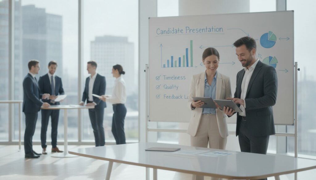 Deux professionnels examinent une tablette devant un tableau blanc portant l'inscription « Présentation des candidats » et comportant des graphiques, qui font probablement référence à des informations tirées d'un récent dossier de recrutement ; des collègues discutent en arrière-plan dans un bureau moderne.