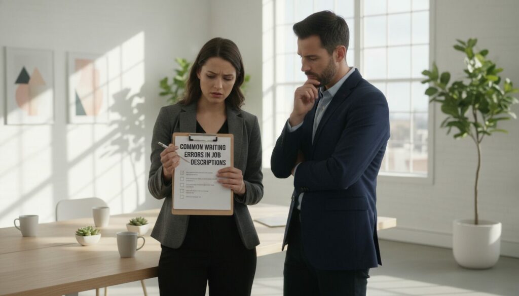 Erreurs classiques de rédaction dans les fiches de poste Deux professionnels se tiennent dans un bureau, les yeux rivés sur un bloc-notes intitulé « Erreurs courantes dans la rédaction des descriptions de poste ». La femme tient le bloc-notes — un outil indispensable pour toute fiche de poste de recrutement — tandis que l'homme l'observe d'un air pensif.