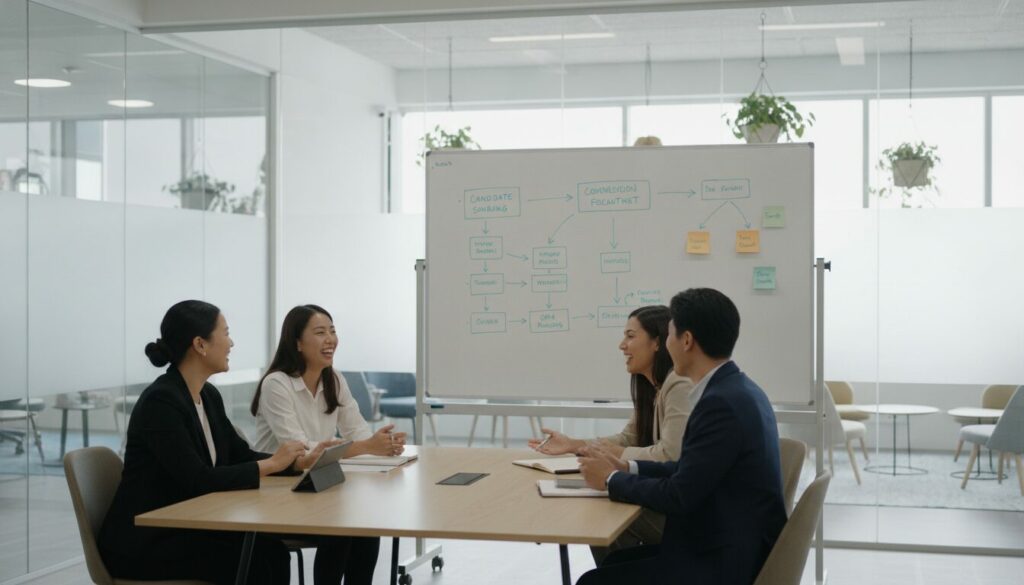 Fiche poste orientée conversion Quatre personnes sont assises autour d'une table de réunion et discutent, avec derrière elles un grand tableau blanc couvert de graphiques et de notes — dont une fiche de poste détaillée pour le recrutement —, dans un bureau au style moderne.