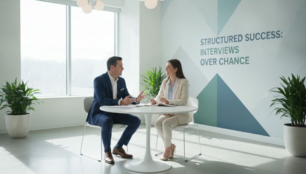 Grille entretien recrutement Deux personnes en tenue professionnelle sont assises à une table ronde dans un bureau moderne et discutent. Sur le mur derrière elles, on peut lire : « La réussite structurée : les entretiens plutôt que le hasard ». Elles évoquent les avantages de l'utilisation d'une grille d'entretien de recrutement pour garantir l'équité et la cohérence tout au long du processus de recrutement.