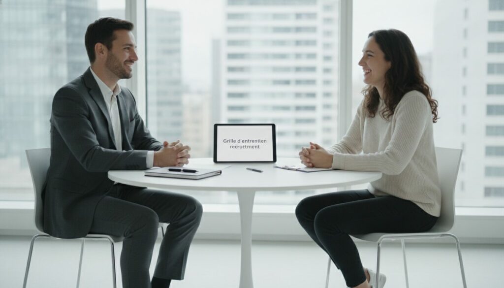 Grille entretien recrutement Deux personnes sont assises face à face autour d'une table ronde, souriantes, avec une tablette posée sur la table affichant la « Grille d'entretien de recrutement ». On aperçoit des bâtiments municipaux à travers de grandes baies vitrées, créant ainsi le cadre d'un entretien de recrutement professionnel.