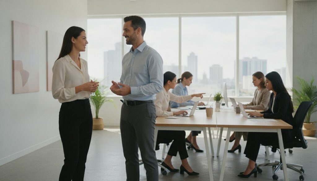 Au premier plan d'un bureau moderne, deux personnes discutent, peut-être pour échanger leurs impressions sur un candidat, tandis qu'à l'arrière-plan, plusieurs collègues travaillent sur leurs ordinateurs portables autour d'une grande table. De grandes baies vitrées offrent une vue imprenable sur les toits de la ville.