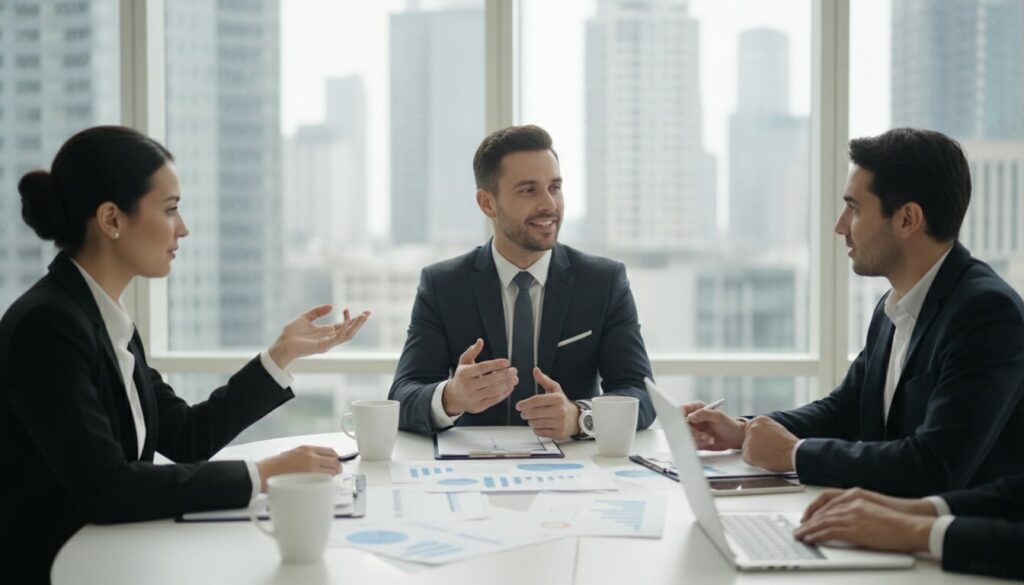 Trois personnes en tenue professionnelle sont assises autour d'une table de réunion, entourées de documents, de graphiques et de tasses de café, et discutent du coût par embauche dans un bureau moderne d'où l'on aperçoit les immeubles de la ville à travers de grandes baies vitrées.