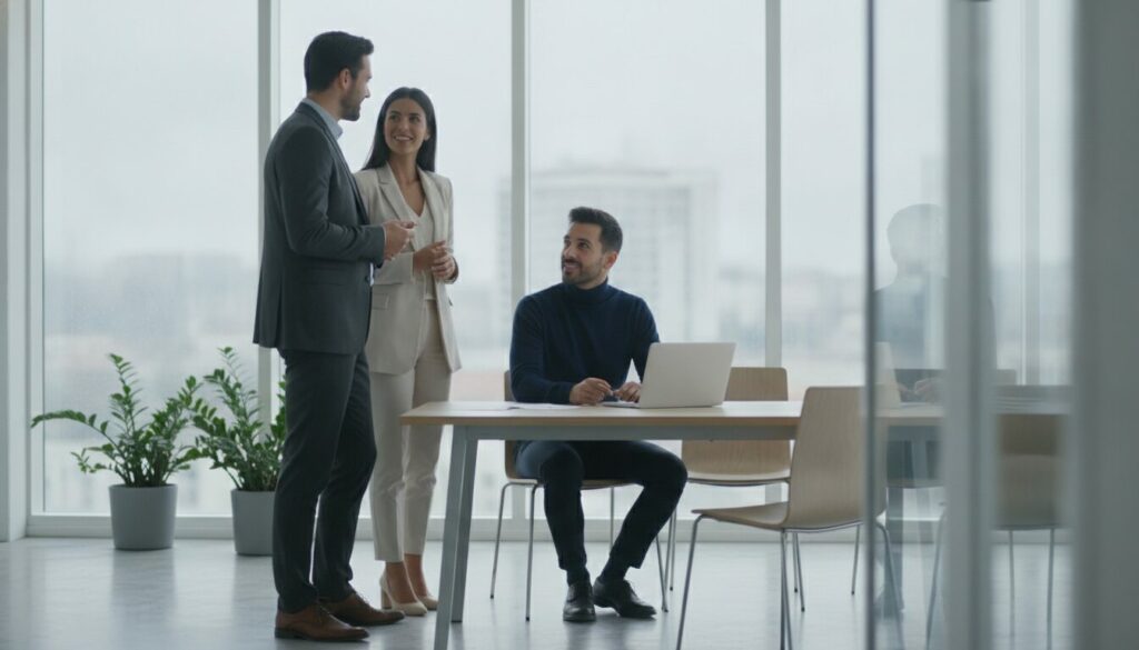 Trois personnes en tenue professionnelle discutent dans un bureau moderne doté de grandes baies vitrées ; l'une d'elles est assise à une table devant un ordinateur portable, en train d'examiner des données relatives à un processus de recrutement automatisé, tandis que les deux autres se tiennent debout à proximité et collaborent au processus de recrutement.