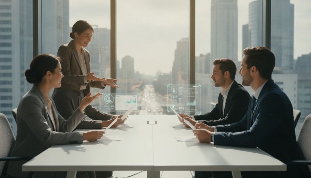 Quatre personnes sont assises autour d'une table de réunion, des documents à la main, tandis qu'une cinquième personne, debout, fait une présentation en illustrant un processus de recrutement automatisé à l'aide de graphiques numériques. En arrière-plan, on aperçoit des immeubles de la ville à travers de grandes baies vitrées.