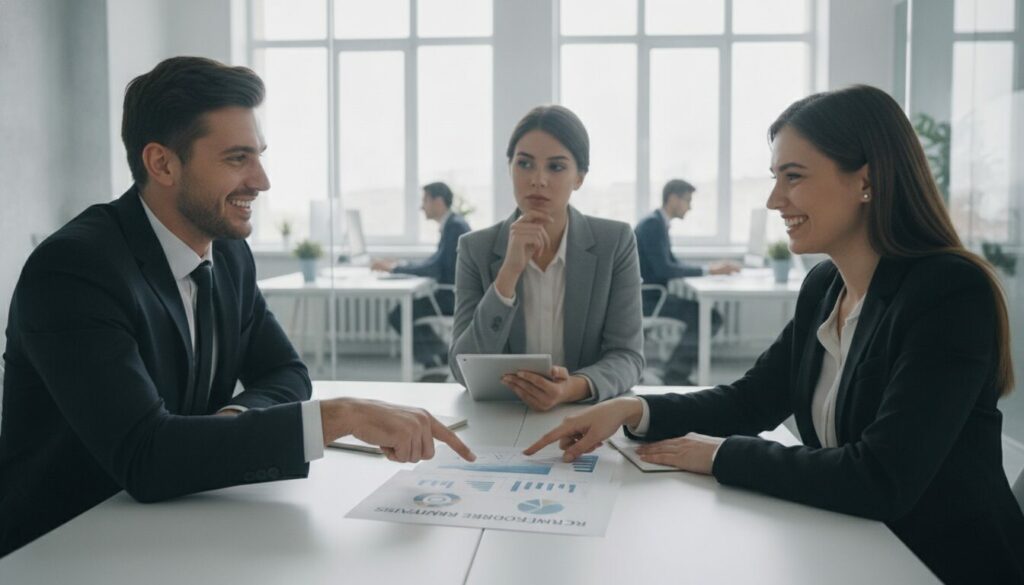 Trois professionnels sont assis à un bureau et discutent de tableaux relatifs à la présélection des candidats, tandis que d'autres travaillent en arrière-plan dans un bureau au design moderne.