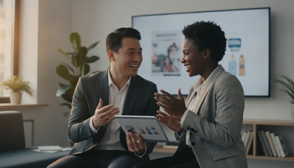Deux professionnels en tenue de travail sont assis et discutent, une tablette à la main, le sourire aux lèvres, avec un écran de présentation et des plantes visibles à l'arrière-plan, tandis qu'ils réfléchissent ensemble à la manière de rédiger une annonce inclusive.