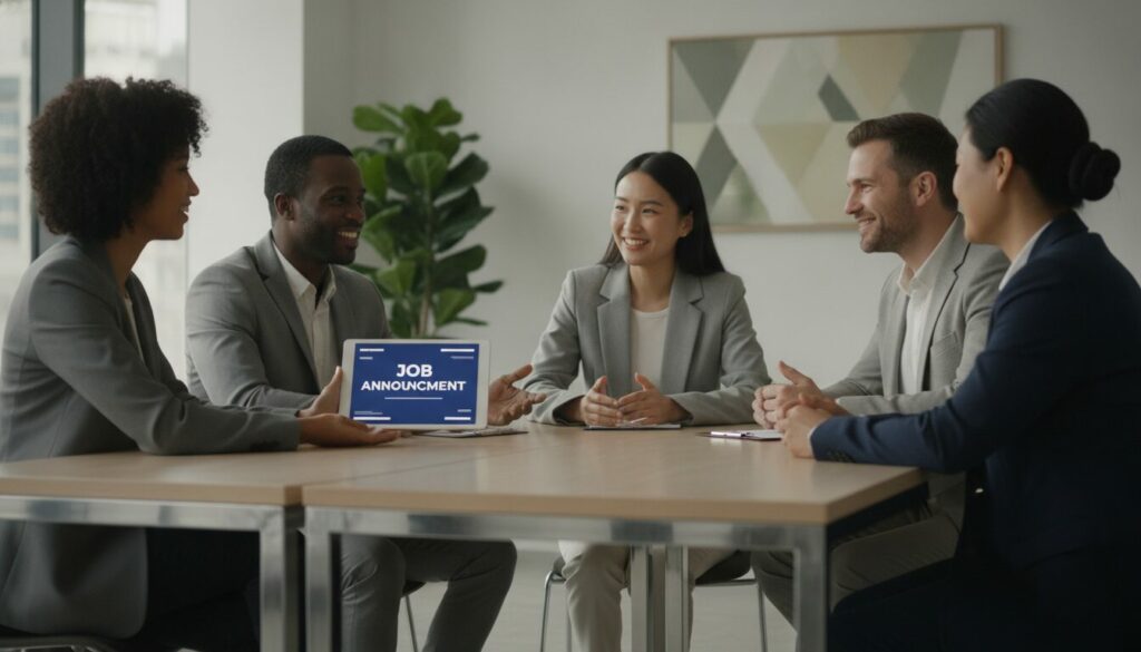 Cinq professionnels en tenue de travail sont assis autour d'une table ; l'un d'entre eux tient un ordinateur portable sur lequel s'affiche une « annonce d'emploi courte », ou « Job Announcement », à l'écran.