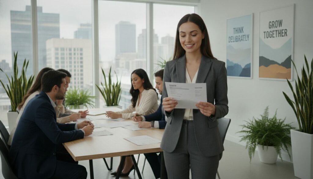 biais cognitif dans le recrutement Une femme en tailleur se tient debout, un document à la main, un sourire aux lèvres, tandis que quatre personnes sont assises autour d'une table de réunion et discutent de documents dans un bureau moderne offrant une vue sur la ville et orné d'affiches motivantes — illustrant ainsi comment trier rapidement les CV lors d'une réunion d'équipe efficace.