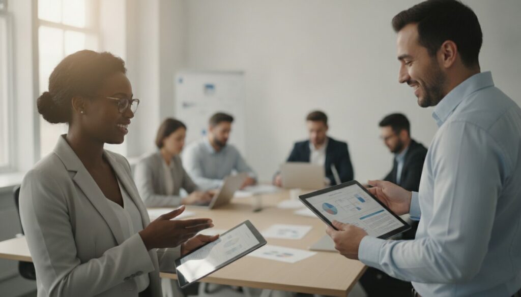 Deux professionnels équipés de tablettes numériques discutent de données et de vérification de références dans une salle de réunion, tandis que quatre collègues travaillent à une table à l'arrière-plan.