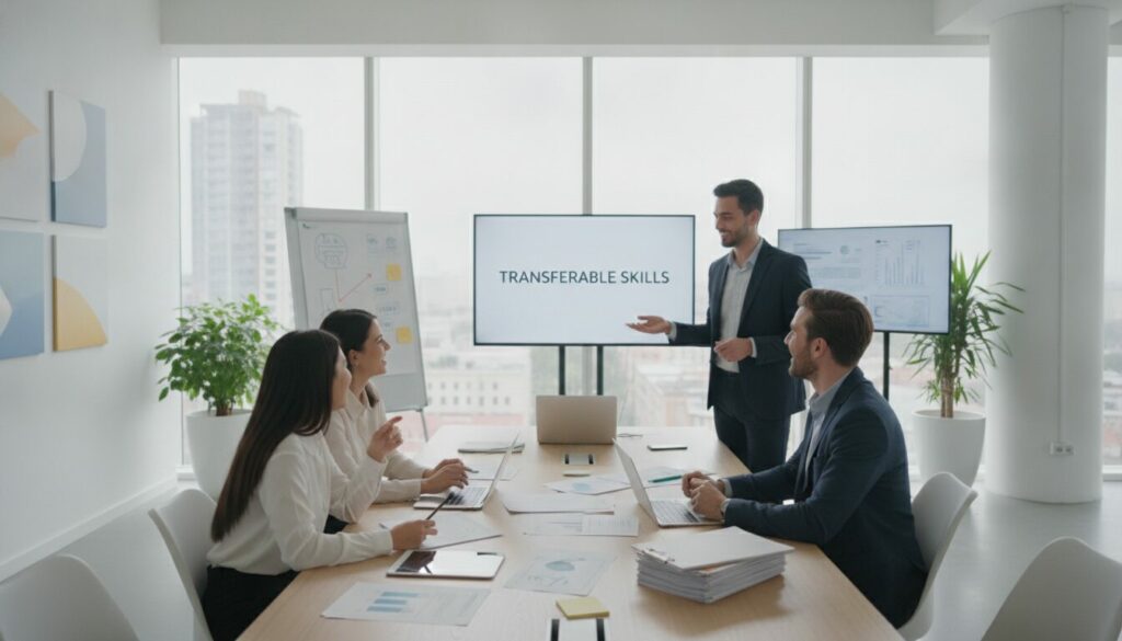 compétences transférables dans le recrutement Quatre personnes en tenue professionnelle sont assises autour d'une table de réunion, tandis qu'un intervenant se tient debout près d'écrans affichant des « compétences transférables », des graphiques et des stratégies pour trier rapidement les CV, le tout dans un bureau lumineux doté de grandes fenêtres.