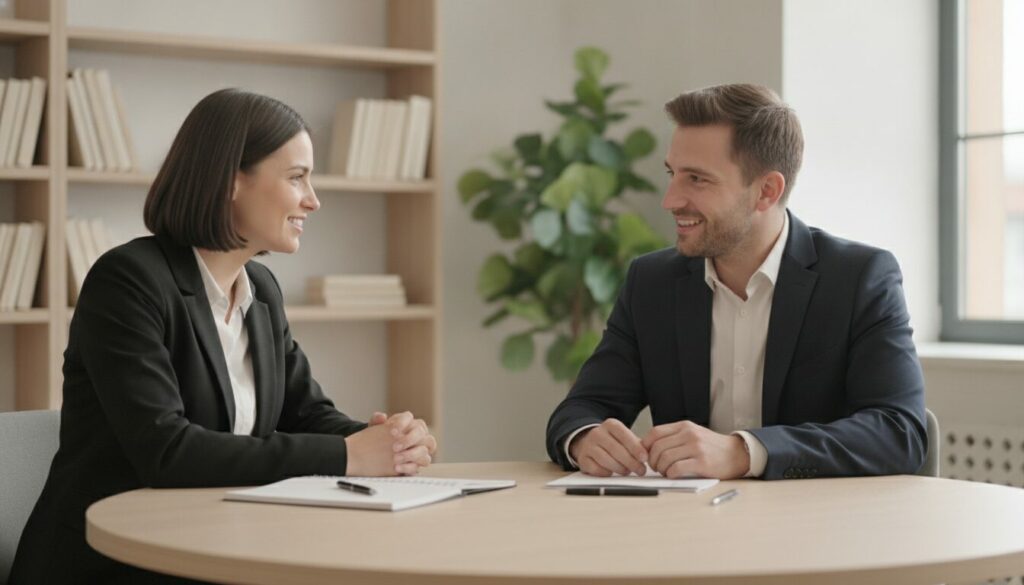 Deux personnes en tenue professionnelle sont assises face à face autour d'une table dans un bureau ; elles sourient et discutent au cours d'un entretien structuré, tandis qu'un cahier et un stylo sont posés sur la table et que des étagères remplies de livres sont visibles en arrière-plan.