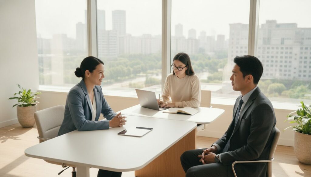 Trois personnes en tenue professionnelle sont assises autour d'une table dans un bureau, en pleine « entretien structuré ». Une femme utilise un ordinateur portable, tandis qu'on aperçoit des immeubles de la ville à travers les grandes baies vitrées en arrière-plan.