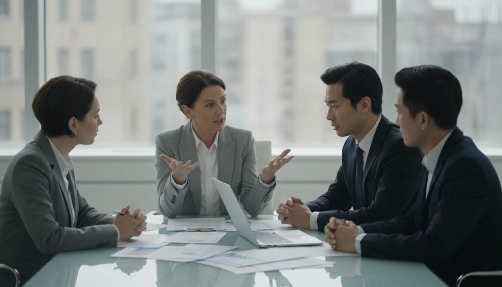 Quatre personnes en tenue professionnelle sont assises autour d'une table de réunion, entourées de documents et d'un ordinateur portable, et mènent une discussion sérieuse au sujet d'une « annonce d'emploi courte » dans un bureau doté de grandes baies vitrées.