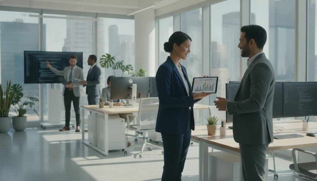 Dans un bureau moderne, deux personnes en tenue professionnelle discutent devant une tablette affichant un graphique à barres, en se concentrant sur « l’évaluation des compétences techniques », tandis que deux autres examinent des données connexes sur un grand écran à l’arrière-plan.