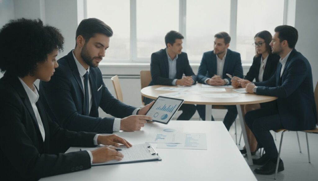 Six personnes en tenue professionnelle réunies dans un bureau ; deux d'entre elles procèdent à une vérification de références tout en consultant une tablette affichant des graphiques, tandis que les quatre autres discutent autour d'une table ronde à l'arrière-plan.